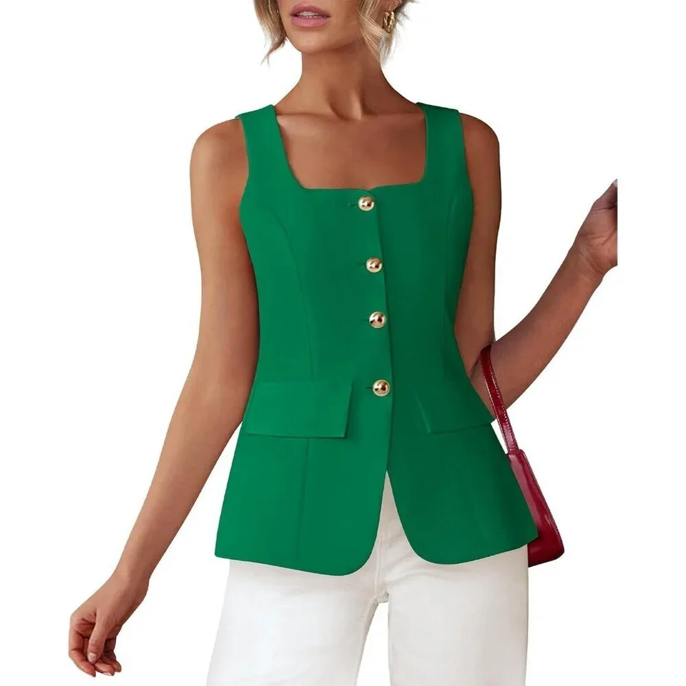 Women's Green Sleeveless Suit Vests Dressy Casual Square Neck Business Work